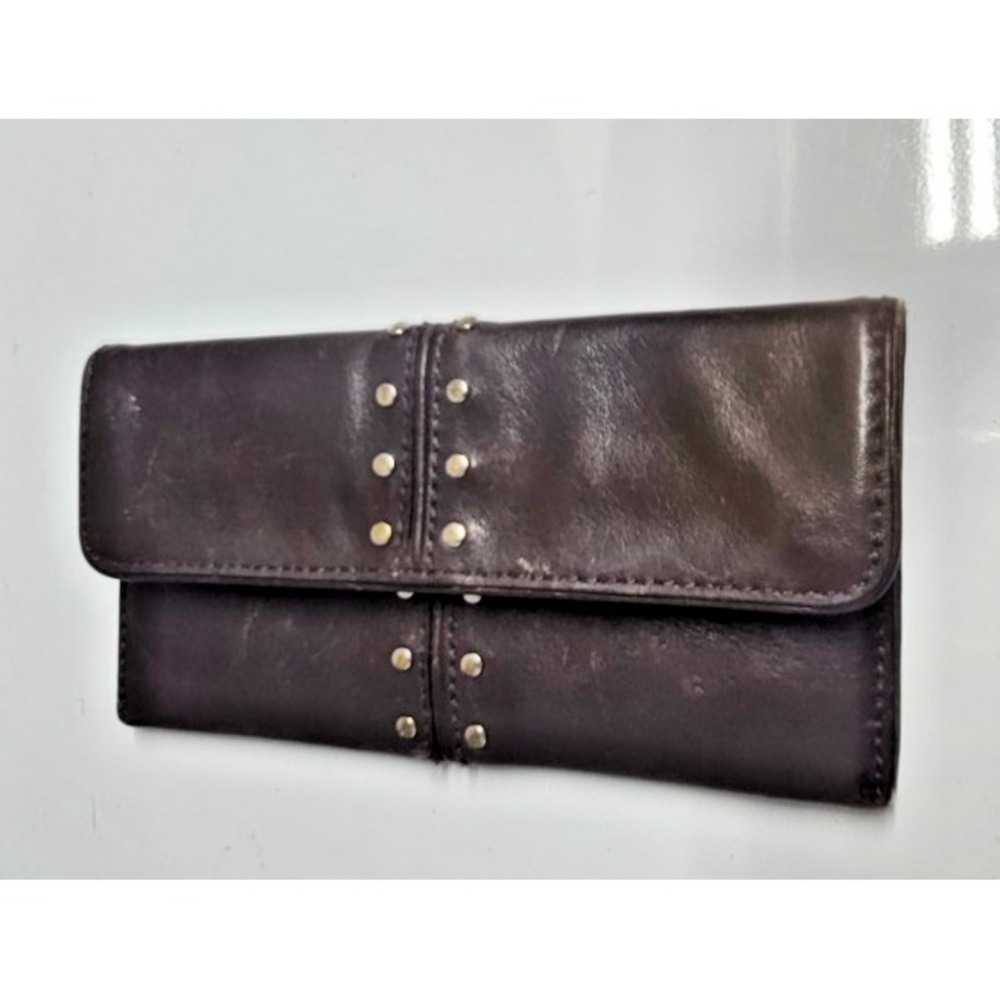 MICHAEL KORS woman dark brown leather studded clutch wallet flap snap closure